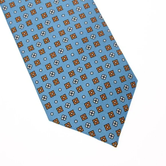 Drake's NWT Neck Tie in Light Blue with Orange/White Geometric Pattern 100% Silk